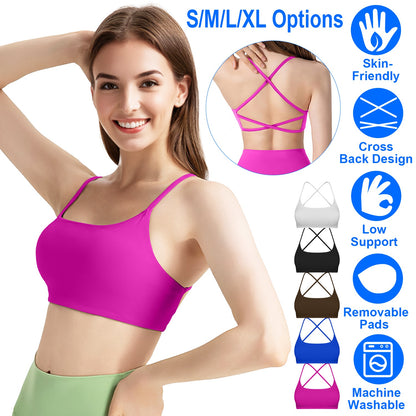 Women Cross Back Sport Bras Padded Strappy Crop Open Back Low Impact Bras Sexy Fitness Tank Tops with Removable Pads Thin Straps for Gym Yoga Workout