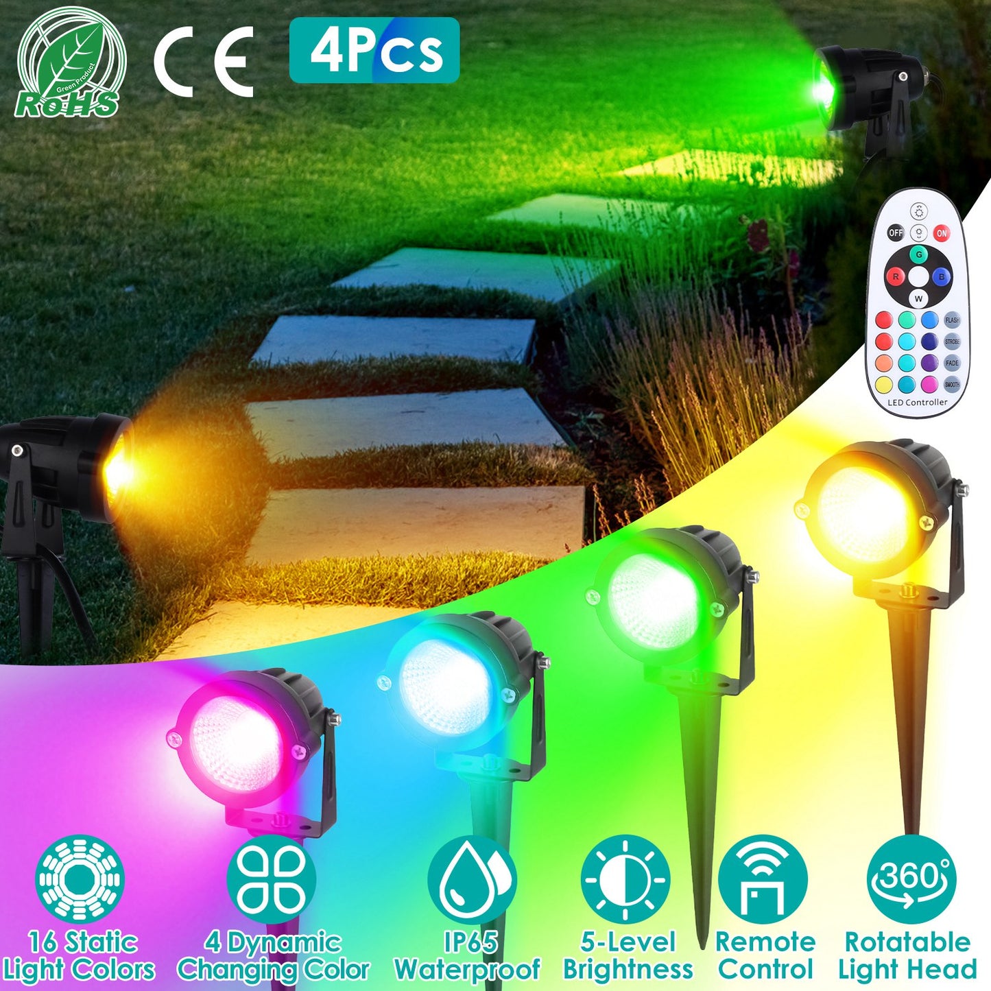 RGBW Landscape Spotlight Set with Remote Control (4-Pack)