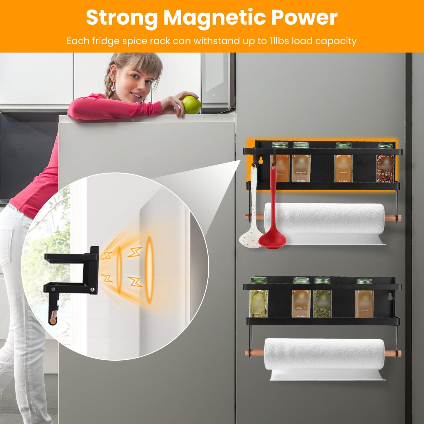 Magnetic Spice Rack for Refrigerator with Paper Towel Holder
