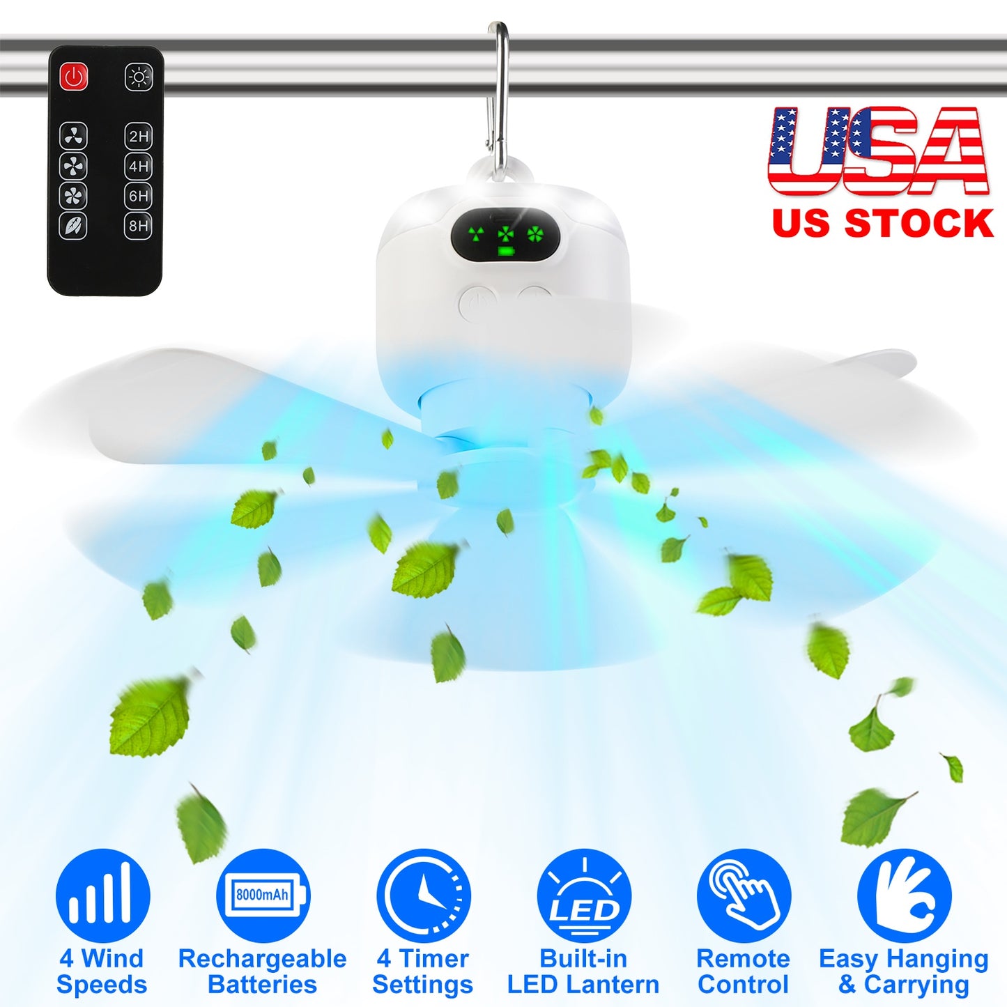 Portable Camping Fan with LED Lantern 8000mAh Battery Powered