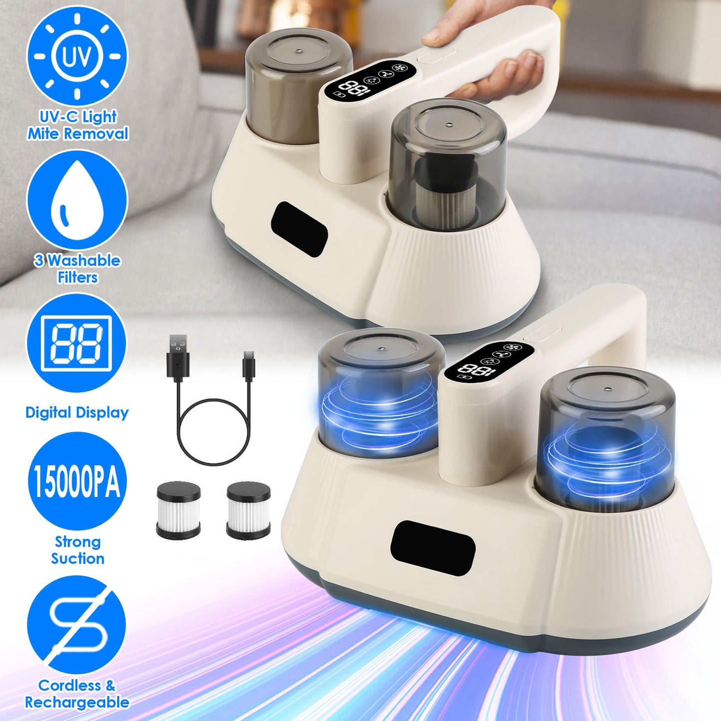 Cordless Mattress Vacuum Cleaner with UV-C Light & 15000PA Suction