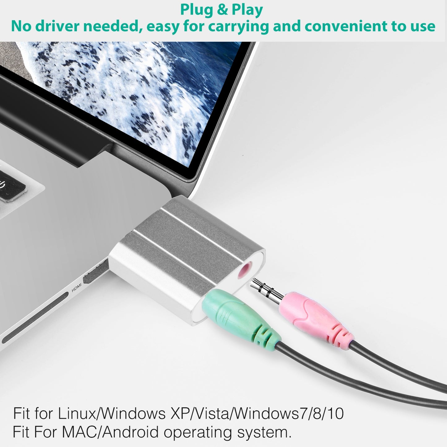 USB Audio Adapter with 3.5mm Headphone & Microphone Jacks