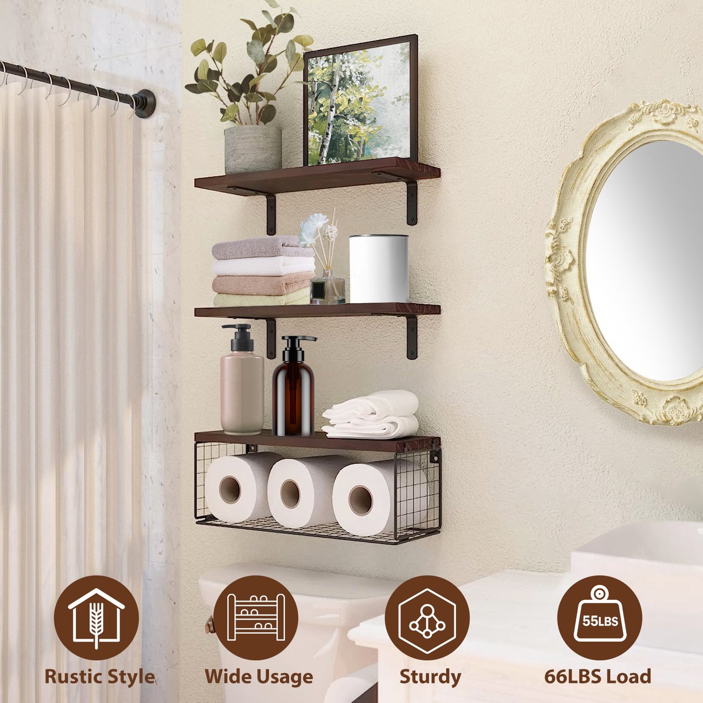 Floating Shelves Wall Mounted with Storage Basket - 3 Tier Wood