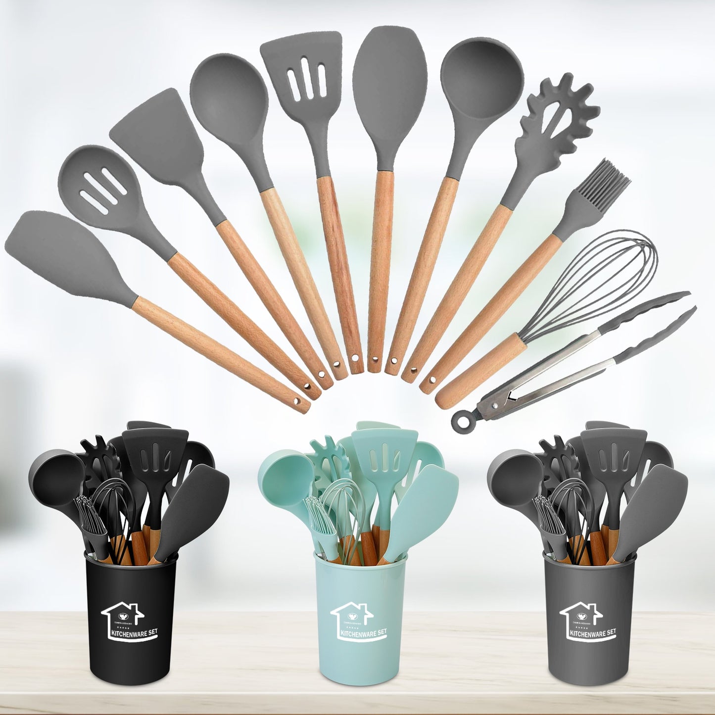 Silicone Cooking Utensil Set, 11-Piece with Wooden Handles