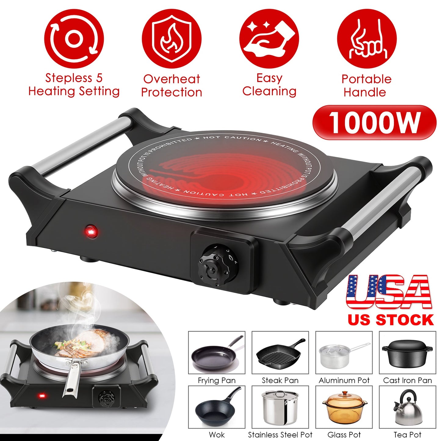 Electric Double Burner Hot Plate with Adjustable Temperature