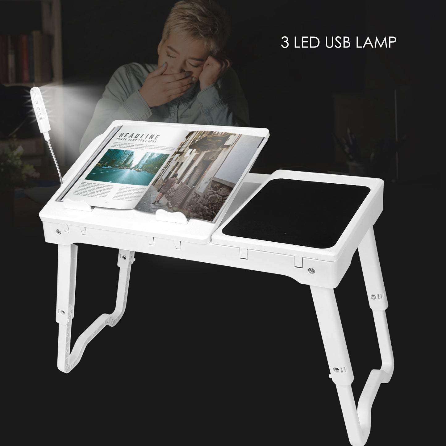 Foldable Laptop Desk with Cooling Fan, LED Light & USB Ports