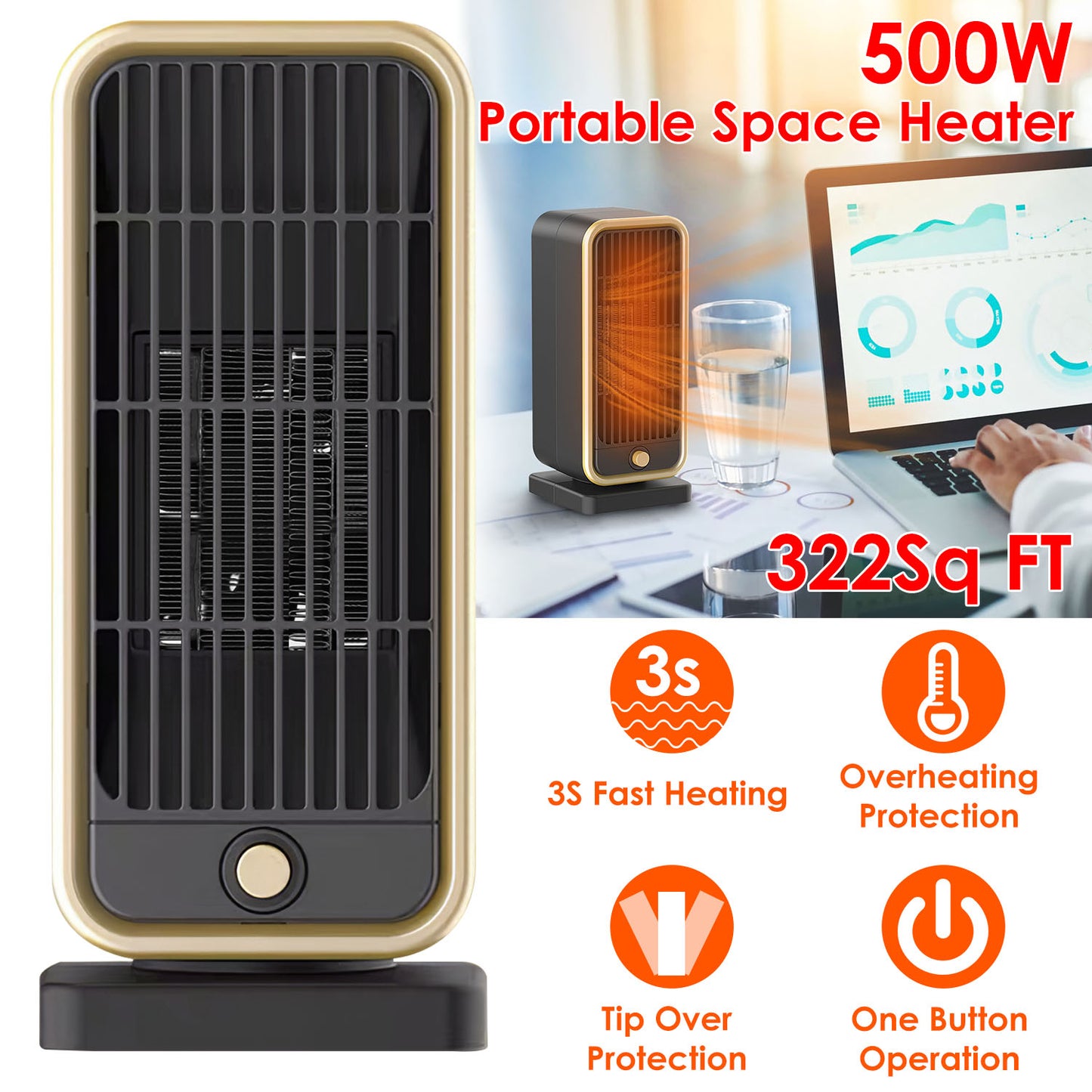 500W Portable Ceramic Space Heater with Tip-Over Protection