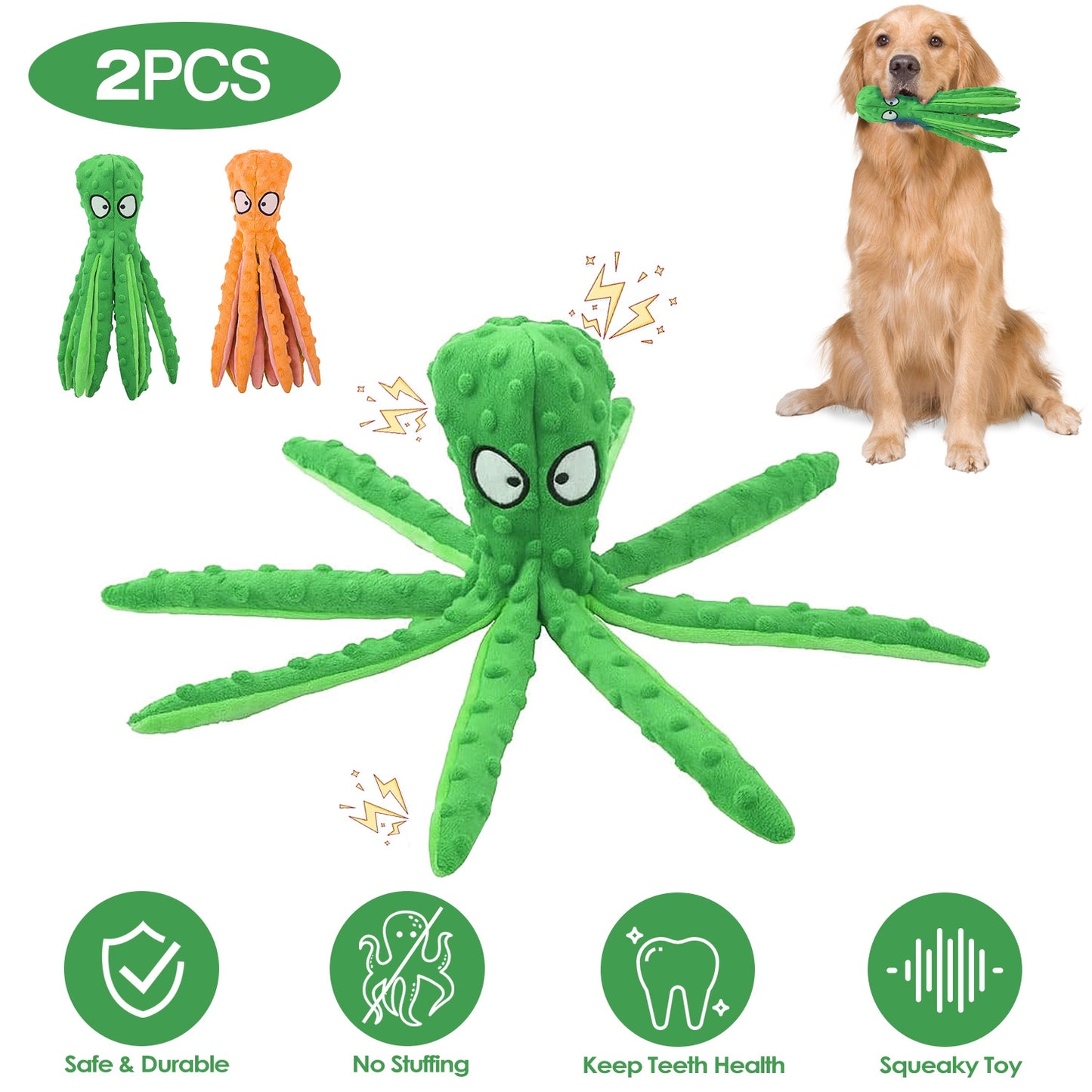 Squeaky Octopus Dog Toy Set - No Stuffing Crinkle Plush