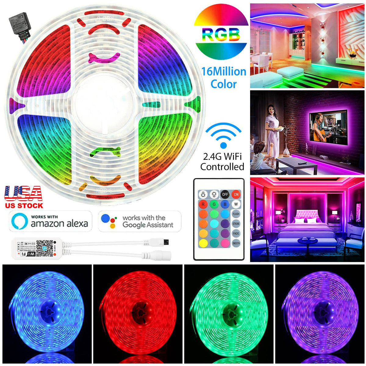 LED Strip Lights, Waterproof 16.4FT 300 LEDs SMD5050 RGB Color Changing WiFi Smart LED Light Strip Work with Alexa Google Assistant Sync with Music AP