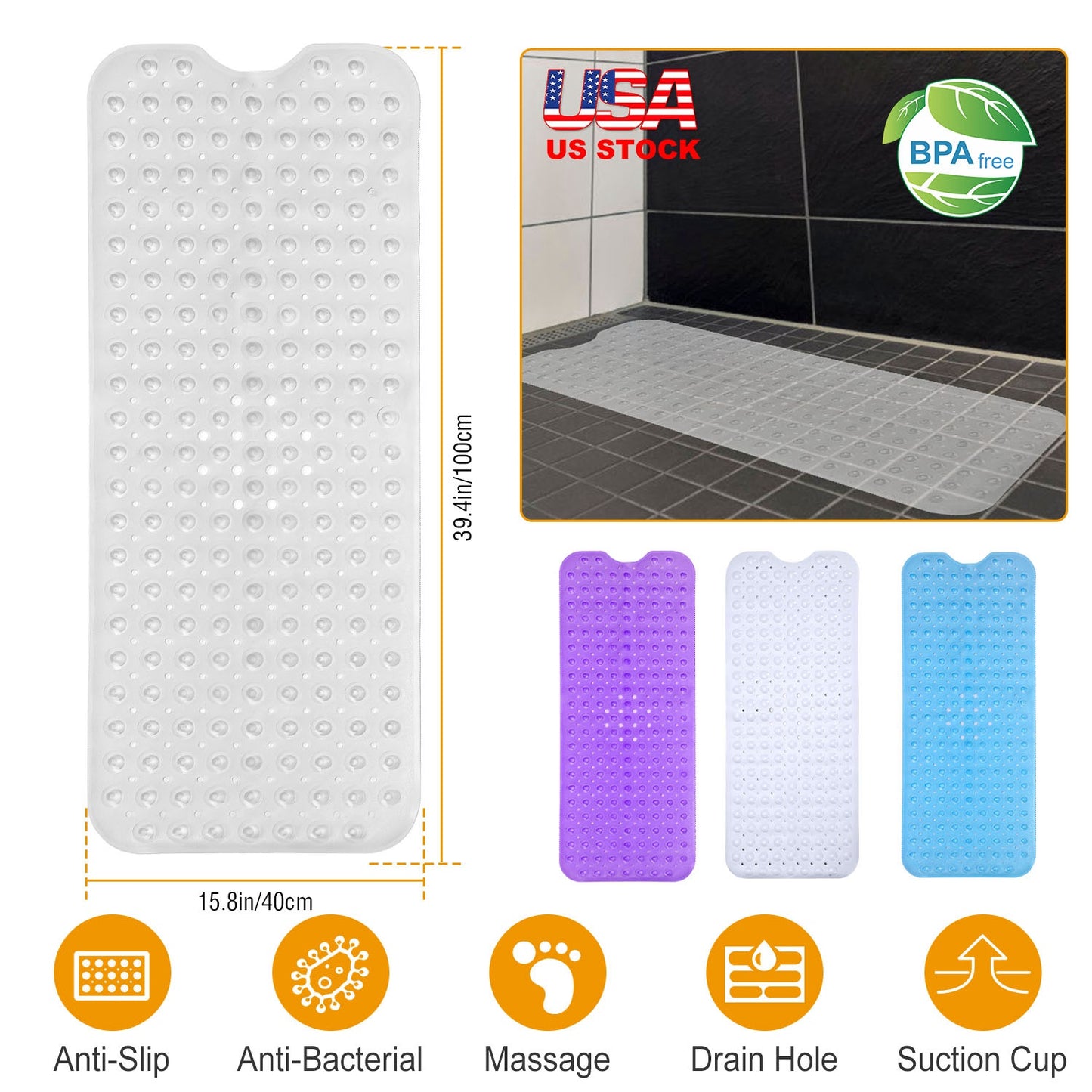 Non-Slip Bath Mat with Suction Cups and Massage Texture
