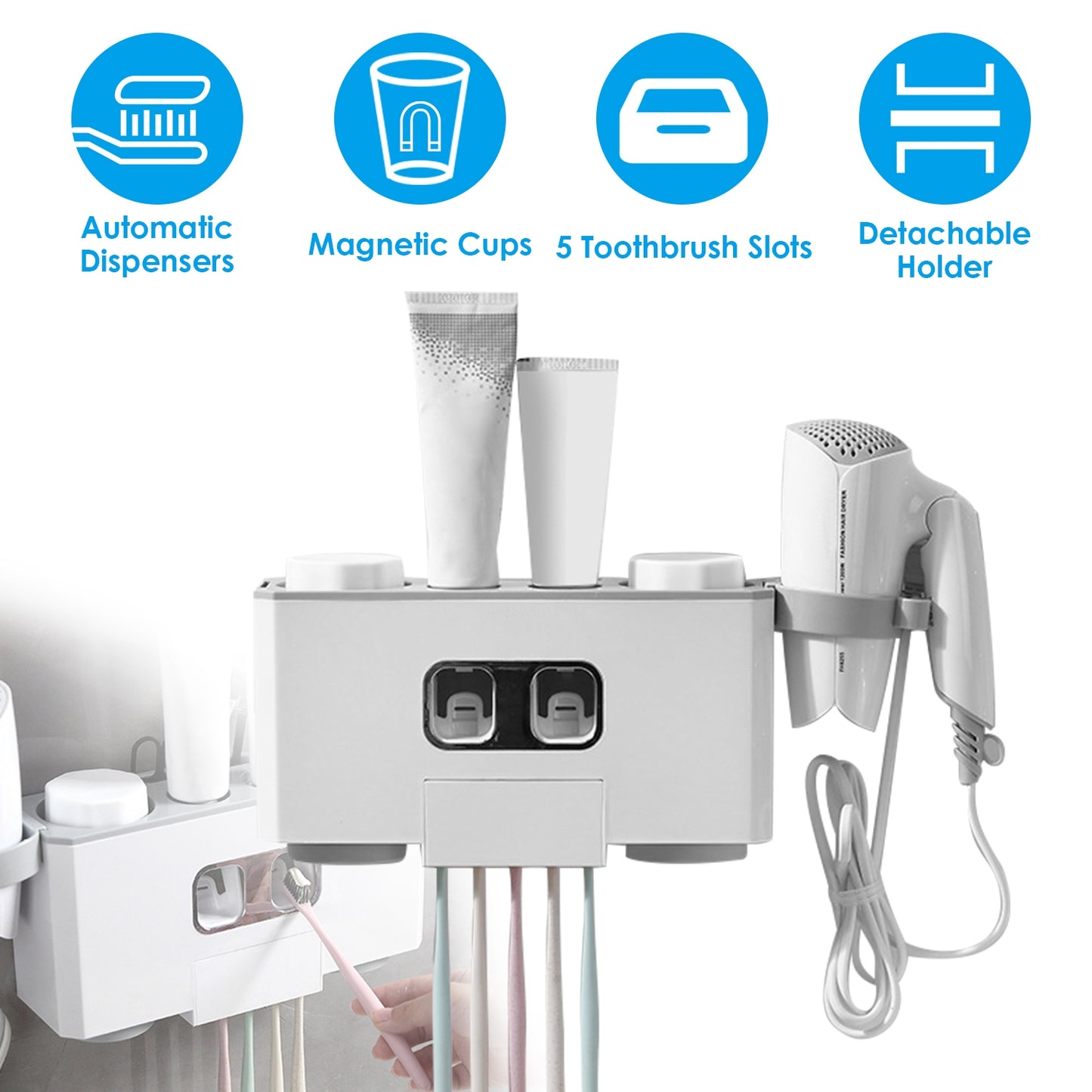 Wall Mount Toothbrush Holder with Automatic Toothpaste Dispenser