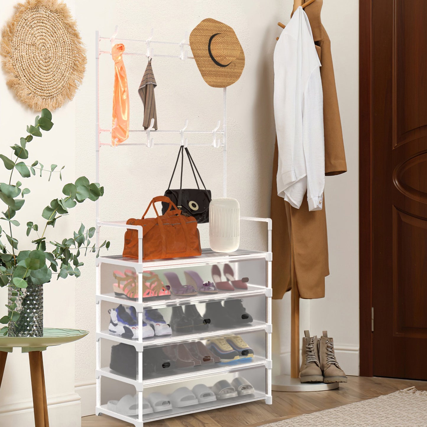 5-Tier Entryway Hall Tree with Coat Hooks & Shoe Storage
