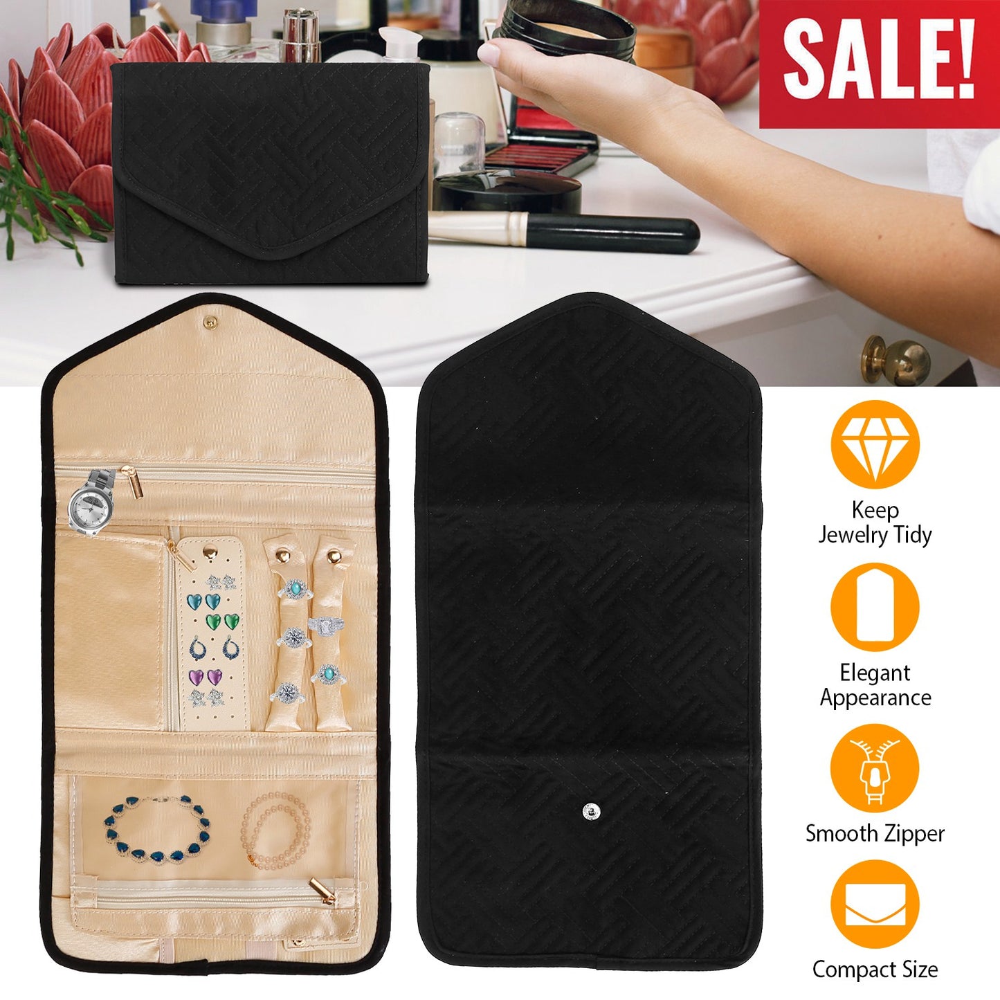 Travel Jewelry Organizer Case - Foldable Roll Storage Bag