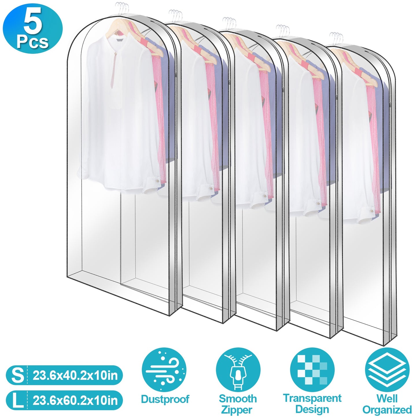 Hanging Garment Bags 60 Inch - 5 Pack Clear Dustproof Storage