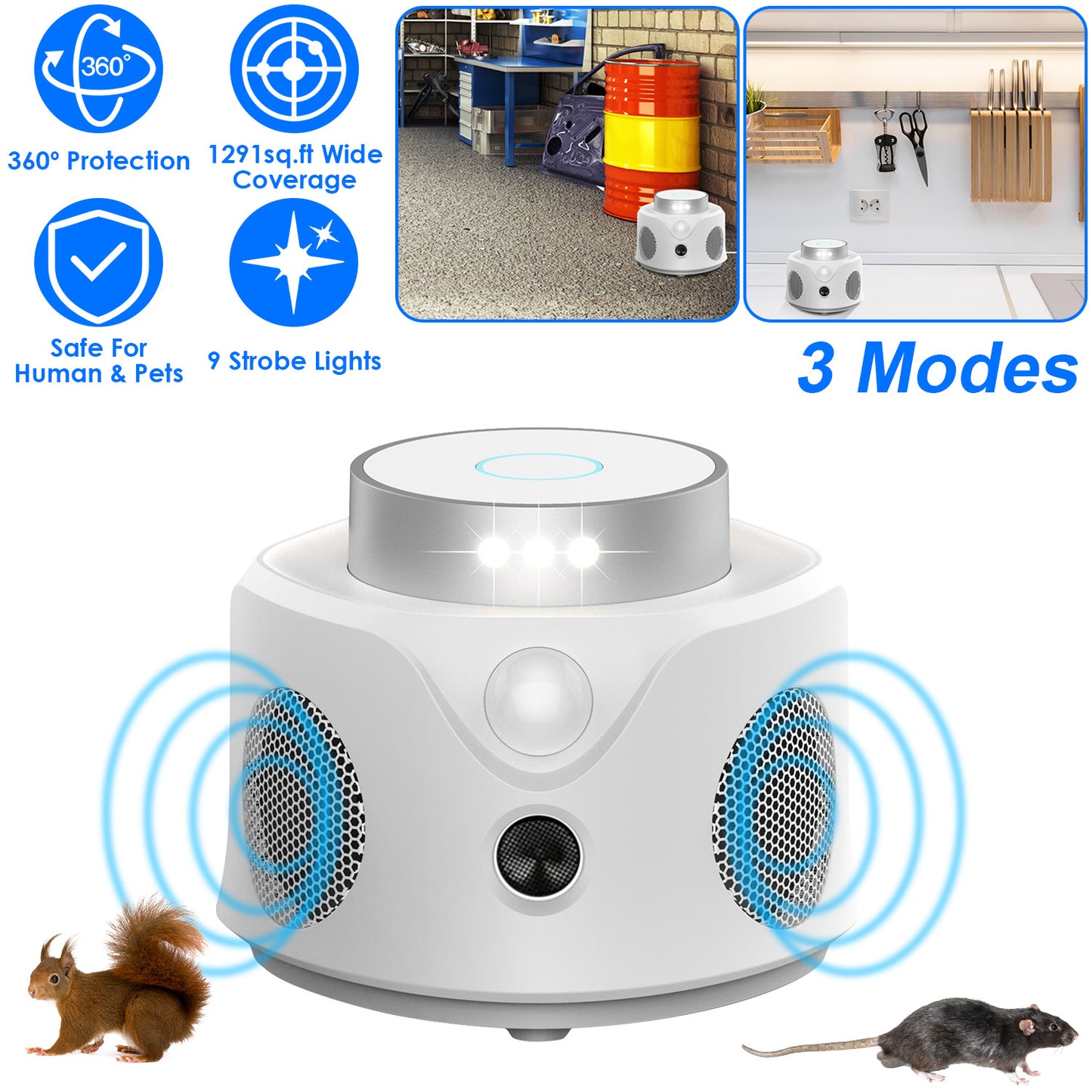Ultrasonic Rodent Repeller with 360° Protection & LED Lights
