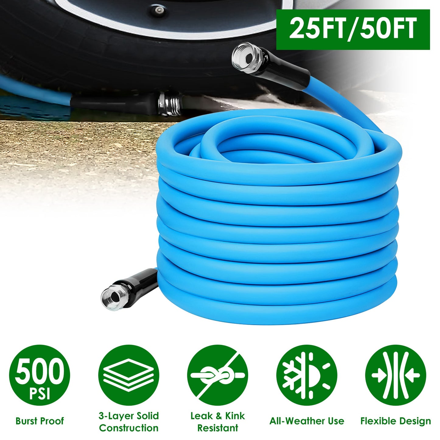 5/8" Heavy Duty PVC Garden Hose - Kink-Free, 500PSI Burst