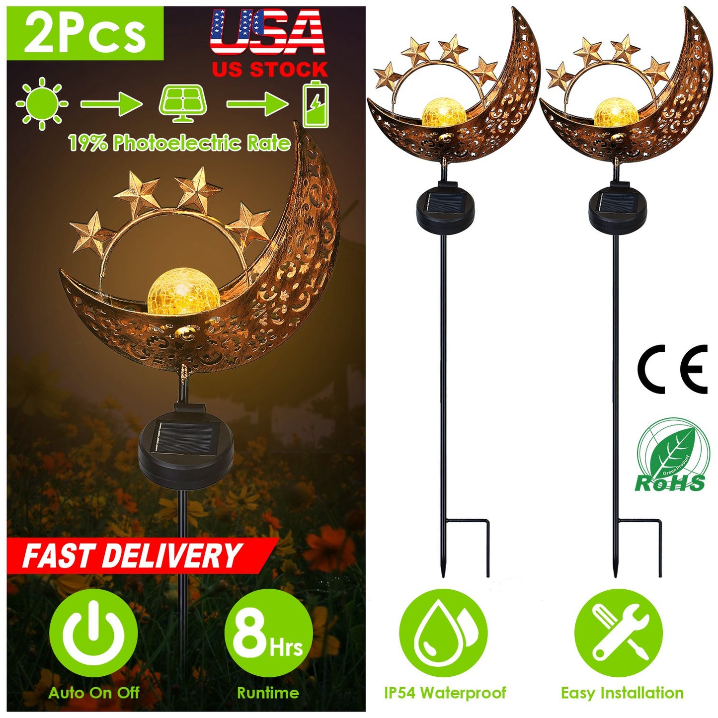 Solar Moon Star Garden Stake Light with Crackle Glass Globe