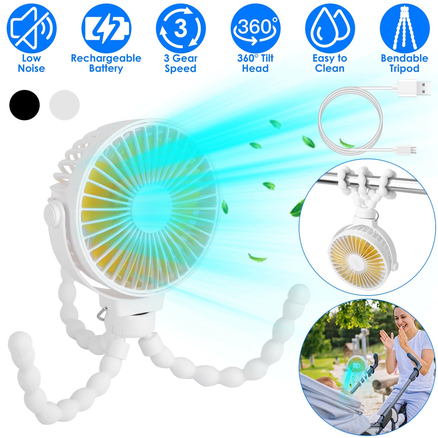 Portable Stroller Fan with Flexible Tripod & Rechargeable Battery