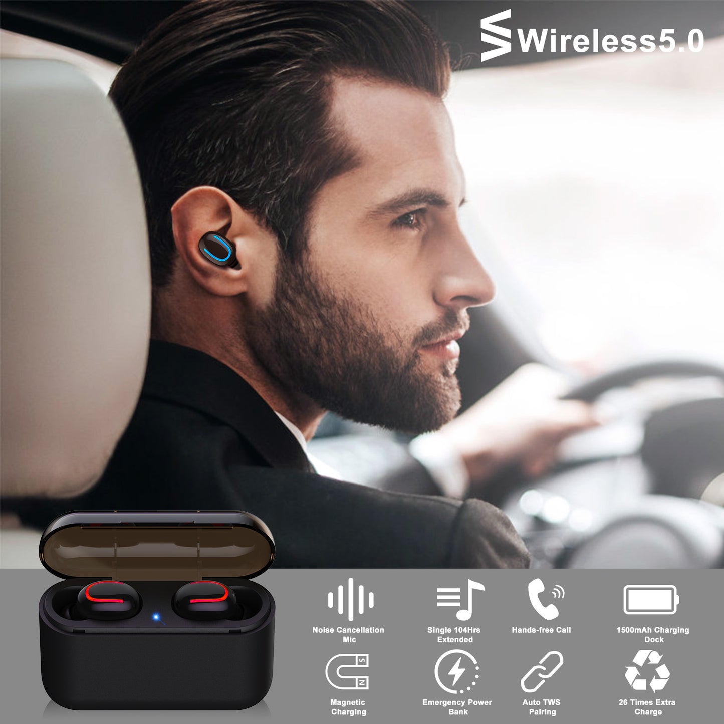 Wireless Earbuds with Magnetic Charging Dock & Noise Canceling