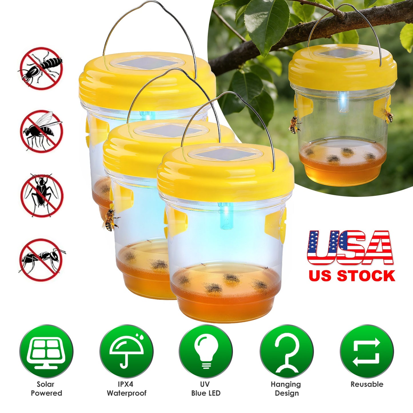 Solar Wasp Trap with UV Light - 3 Pack Outdoor Hanging