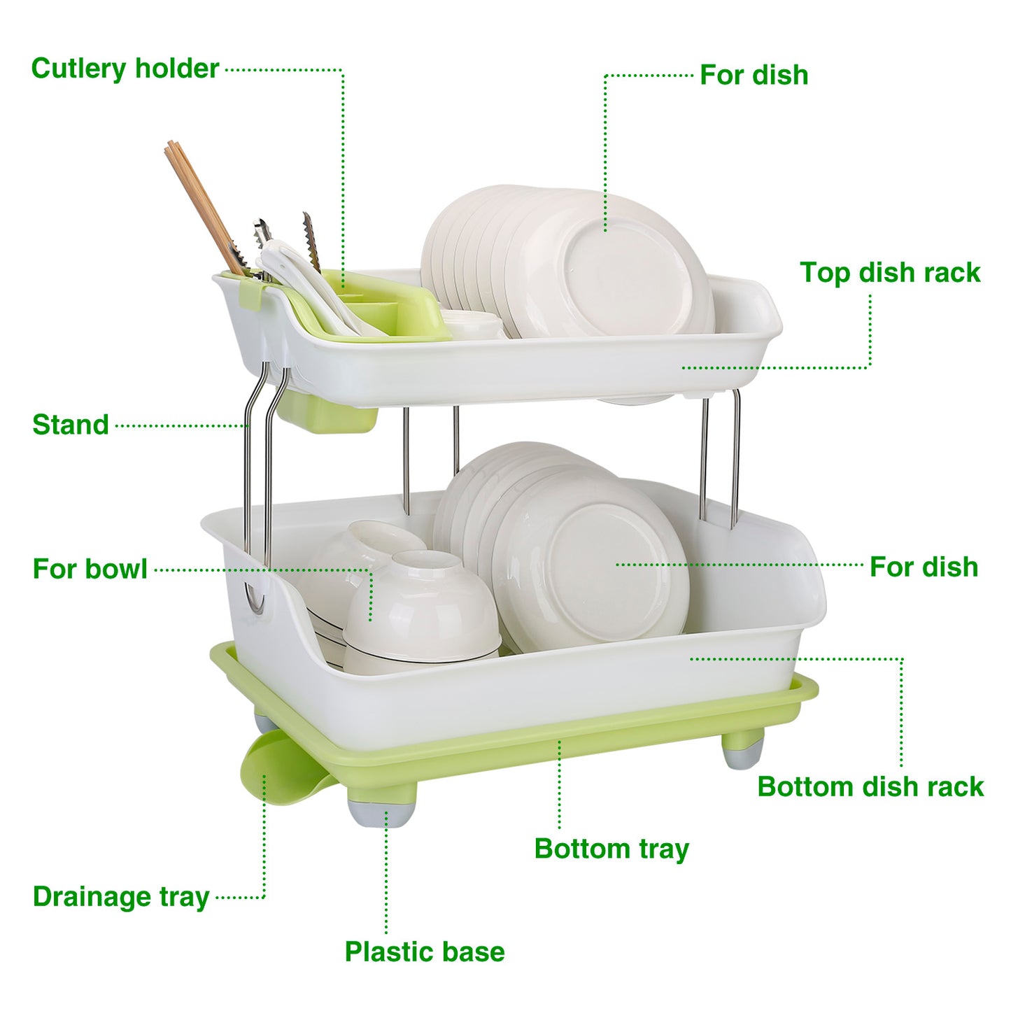 2-Tier Dish Drying Rack with Cutlery Holder & Drainage Tray