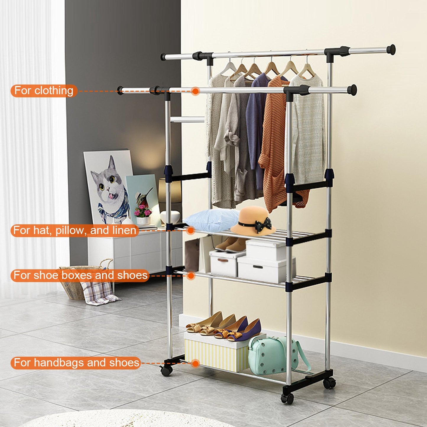 Extendable Garment Rack with Wheels - Adjustable Clothing Rail