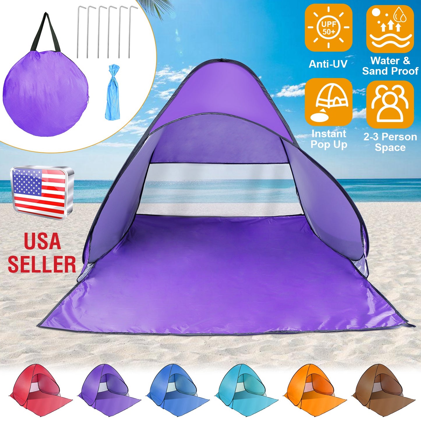 Pop Up Beach Tent with UPF50+ Sun Protection for 2-3 People