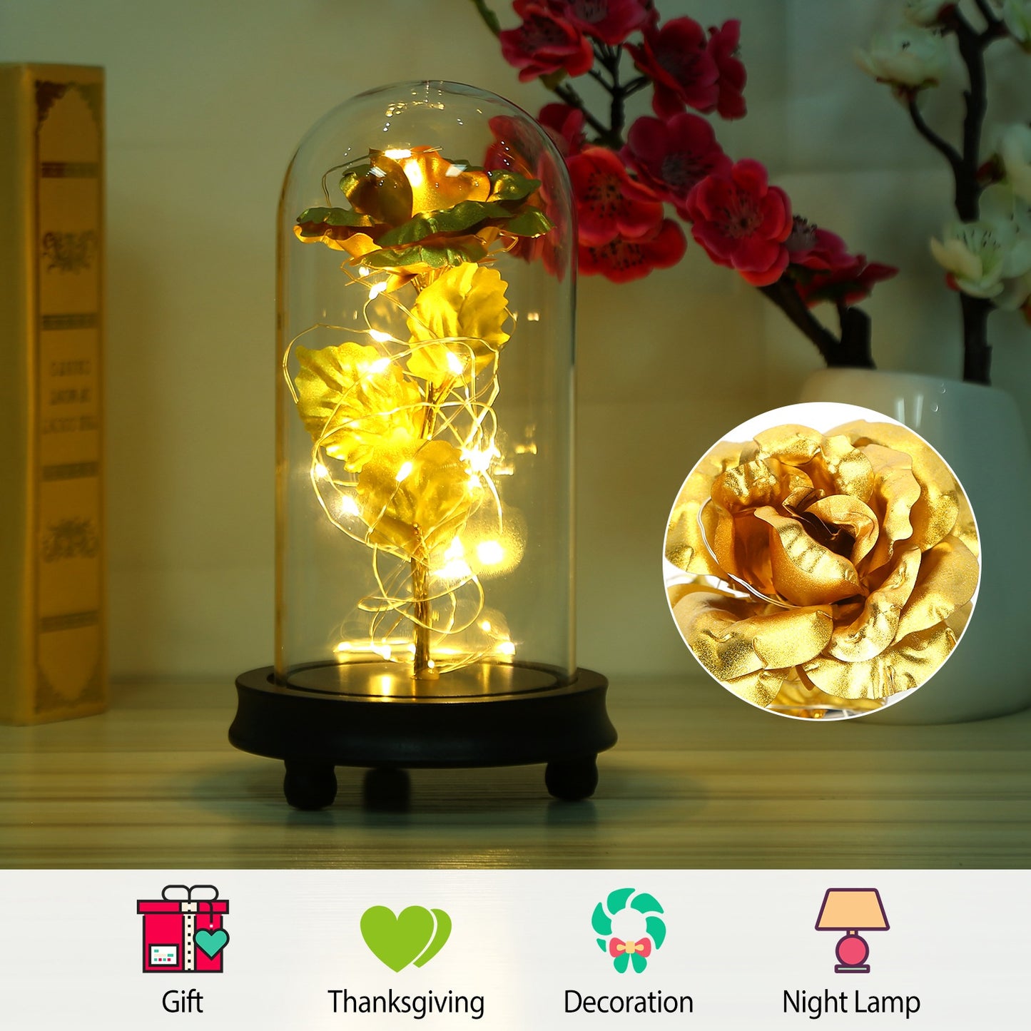LED Rose in Glass Dome with Fairy Lights - Gold Foil Flower