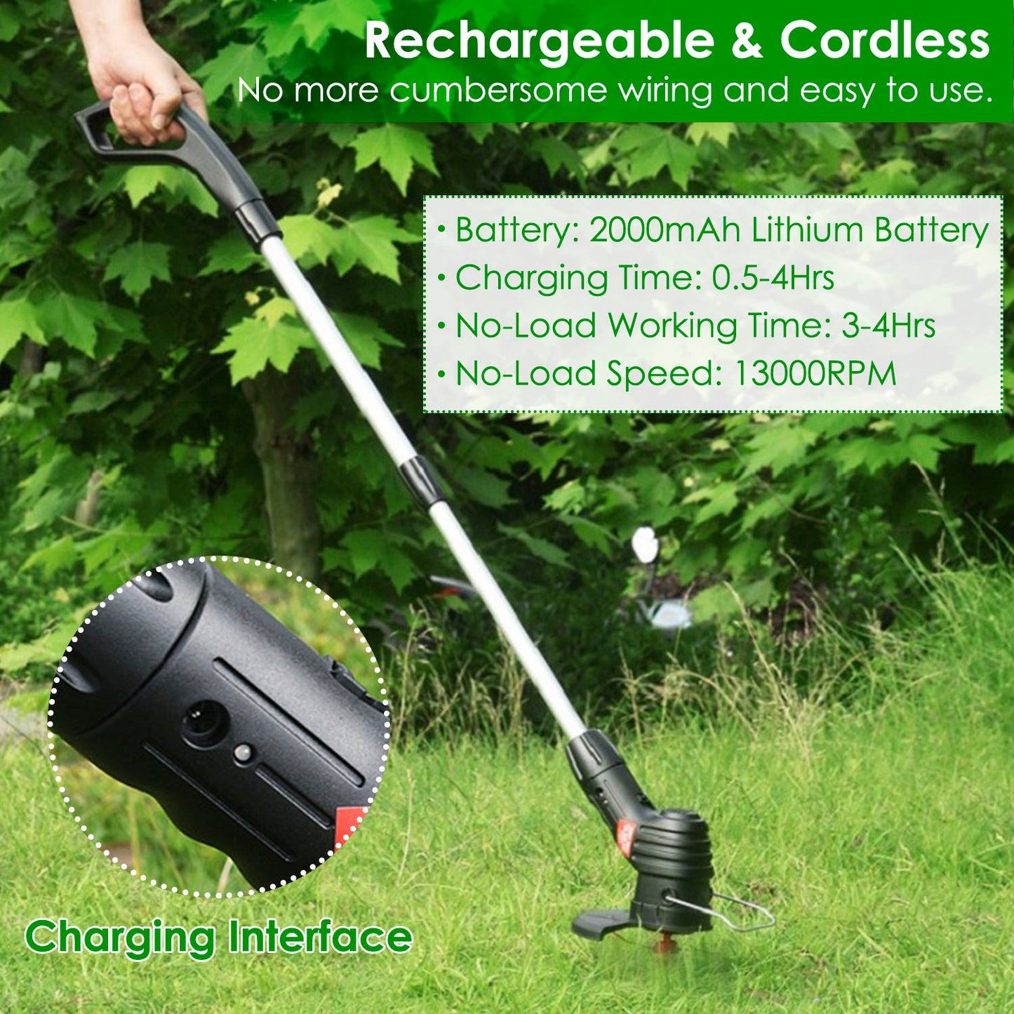 Cordless Grass Trimmer with Extendable Pole & 5 Blades