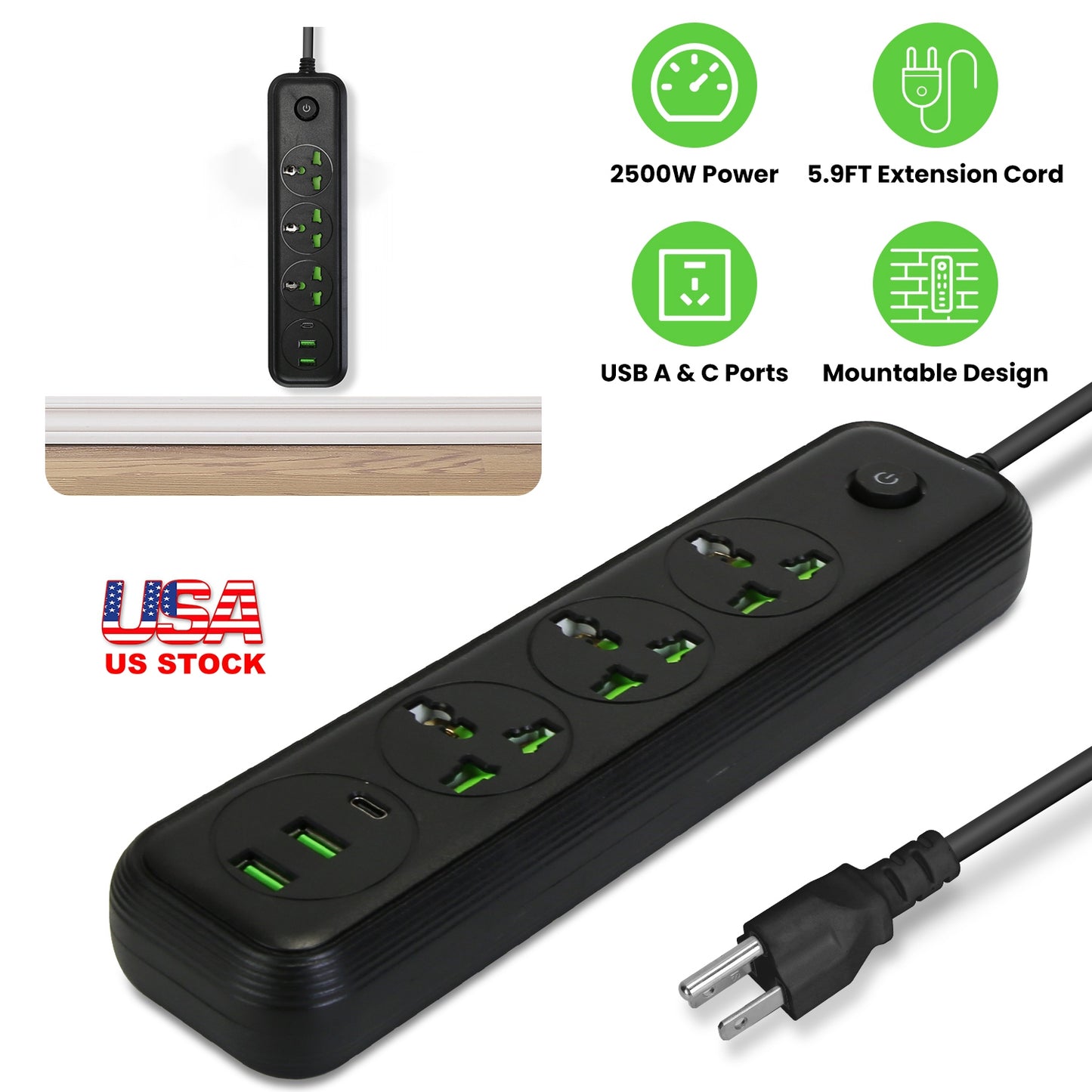 Power Strip with 5.9ft Extension Cord, 3 AC Outlets & USB Ports