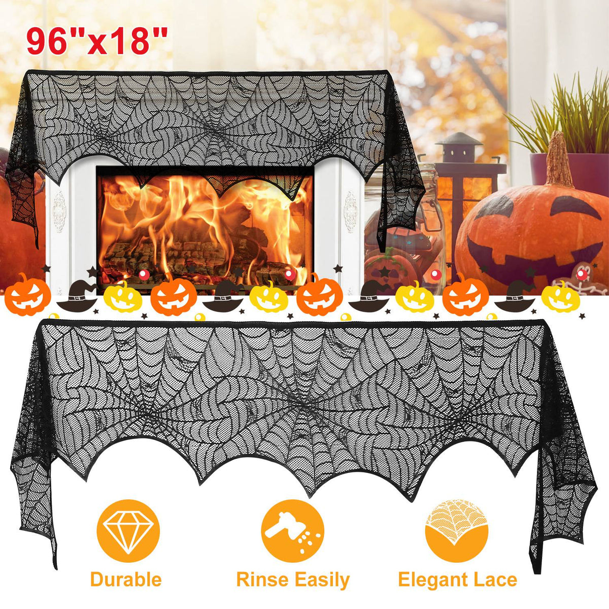 Spiderweb Mantle Scarf – 96x18" Black Lace Fireplace Cover for Halloween Decor