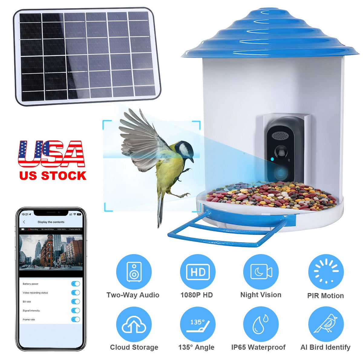 Smart Bird Feeder with Solar Powered Camera 1080P HD AI Identify PIR Motion Auto Capture Video Cloud Card Storage WiFi Connection App Control IP65 Wat