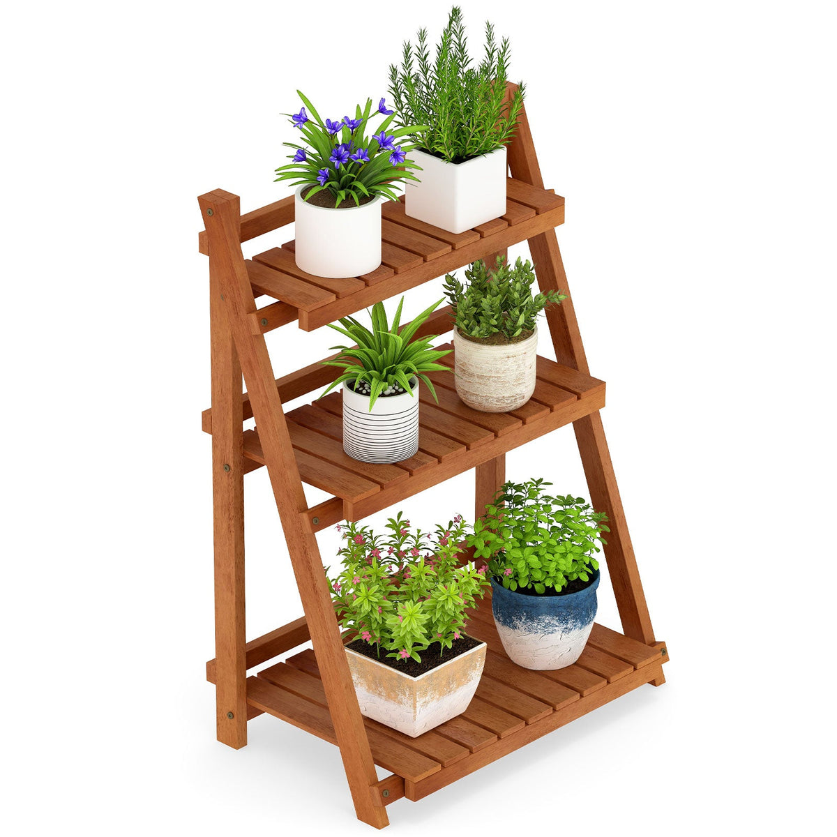 Foldable 3-Tier Solid Wood Plant Stand for Patio Balcony