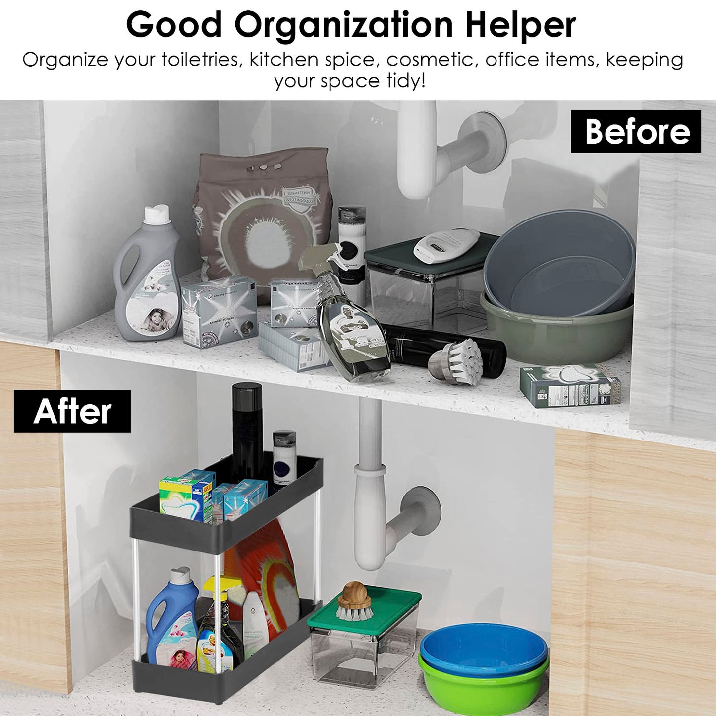 2-Tier Under Sink Organizer with 4 Hooks