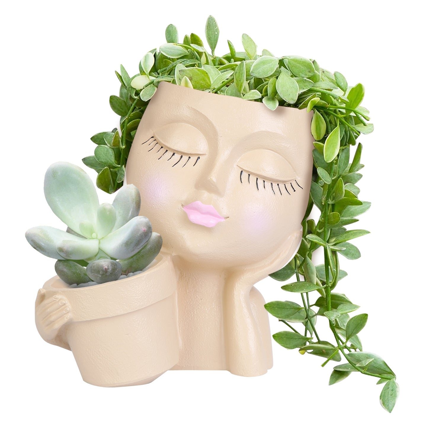 Girl Face Planter Pot with Dual Opening & Drainage Hole