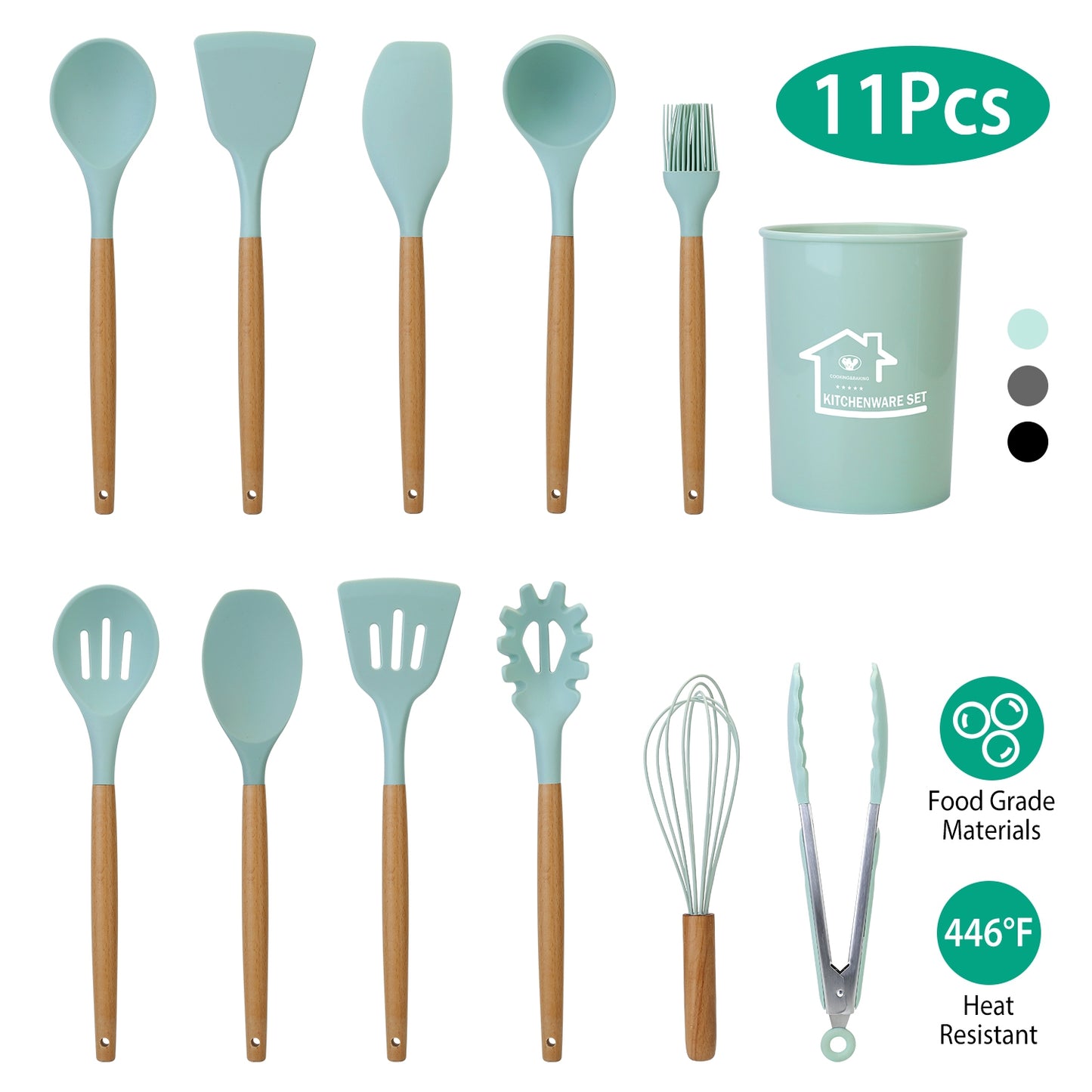 Silicone Cooking Utensil Set, 11-Piece with Wooden Handles