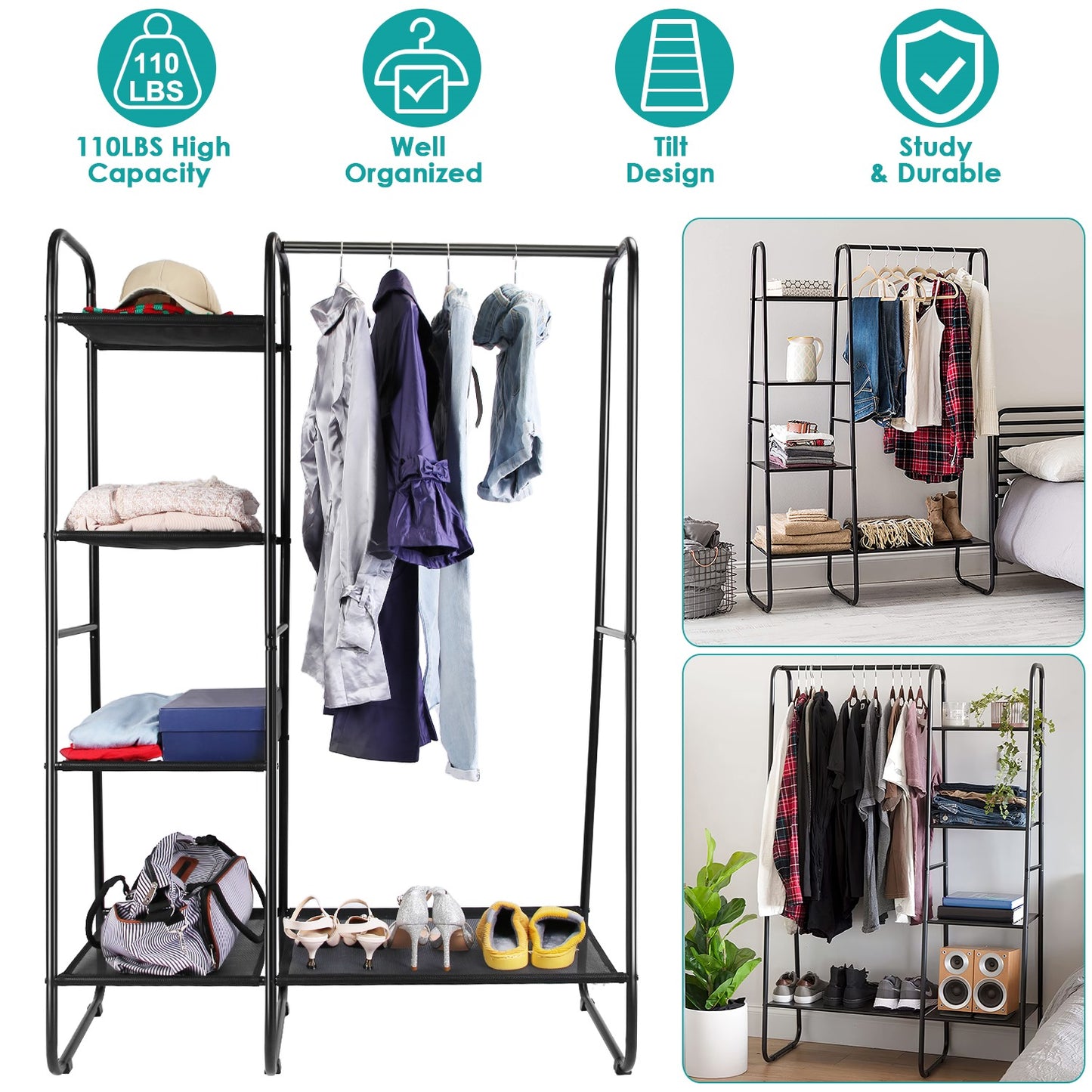 Metal Garment Rack with 5 Shelves and Hanging Rod