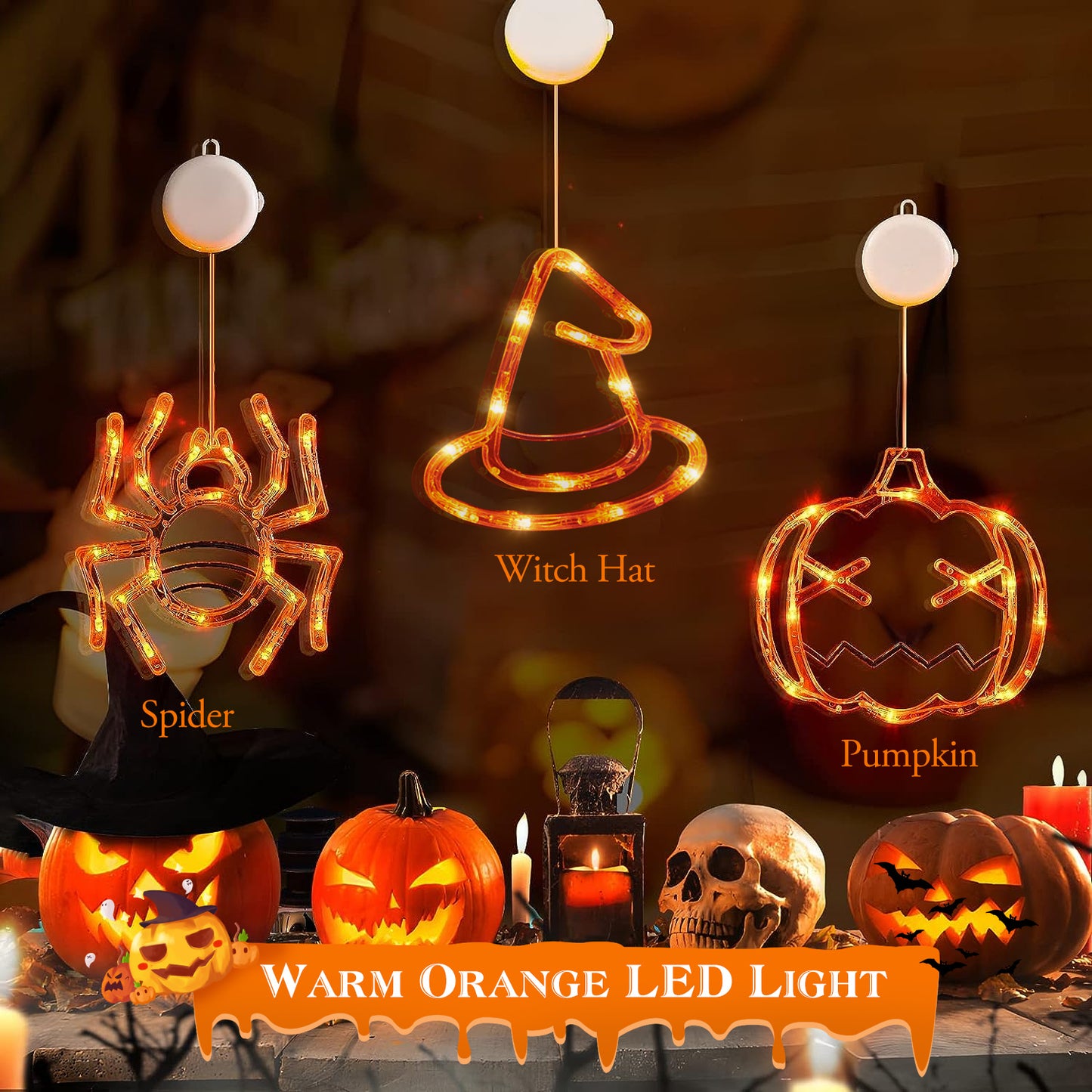 Halloween Window Light Set - Spider, Witch Hat & Pumpkin
