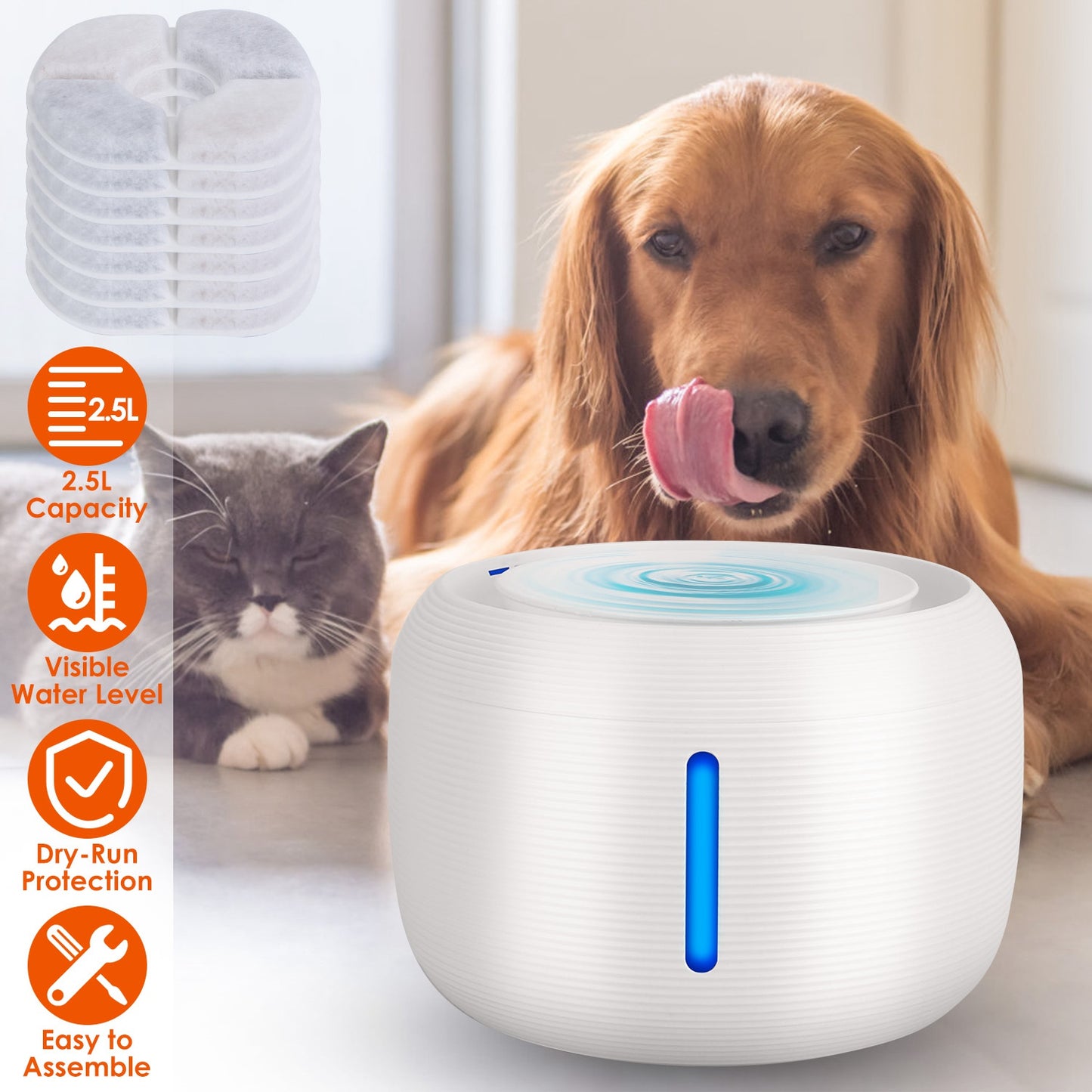 Pet Water Fountain with LED Light and Filters, 2.5L