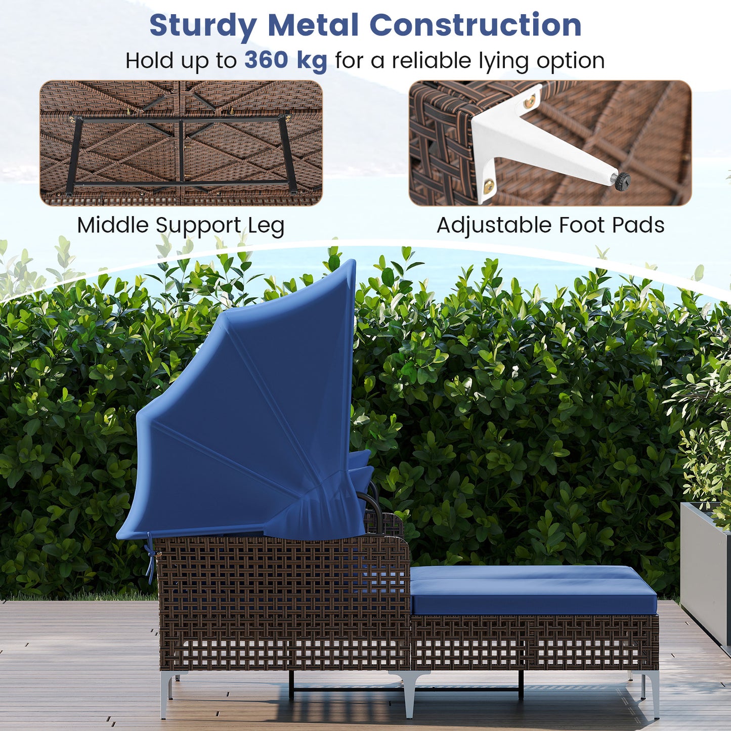 Outdoor Daybed with Retractable Canopy - PE Wicker Rattan