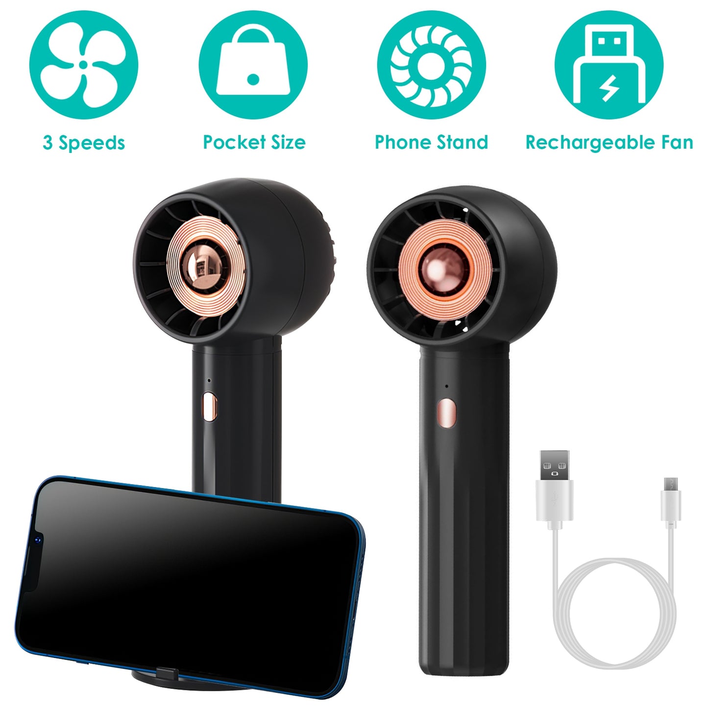 Rechargeable Handheld Fan with 3 Speeds & Phone Holder Base