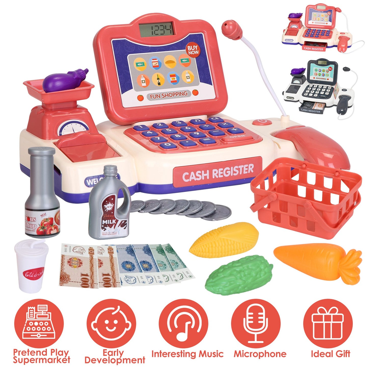 Kids Cash Register Pretend Play Toy with Scanner & Accessories