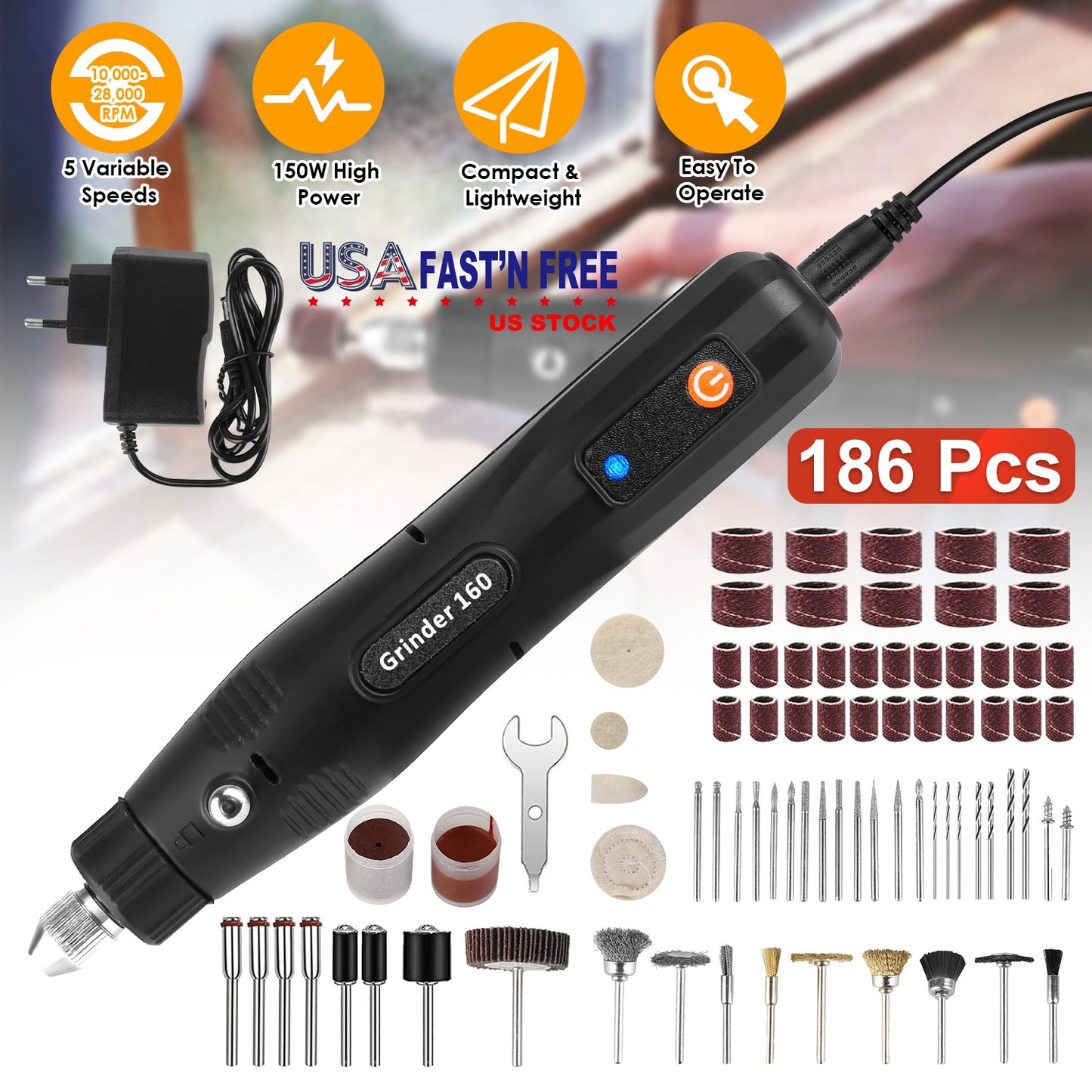 Corded Rotary Tool Set 186-Piece with 5 Variable Speeds