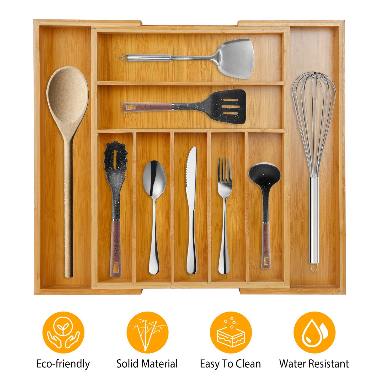 Expandable Bamboo Drawer Organizer with 9 Compartments