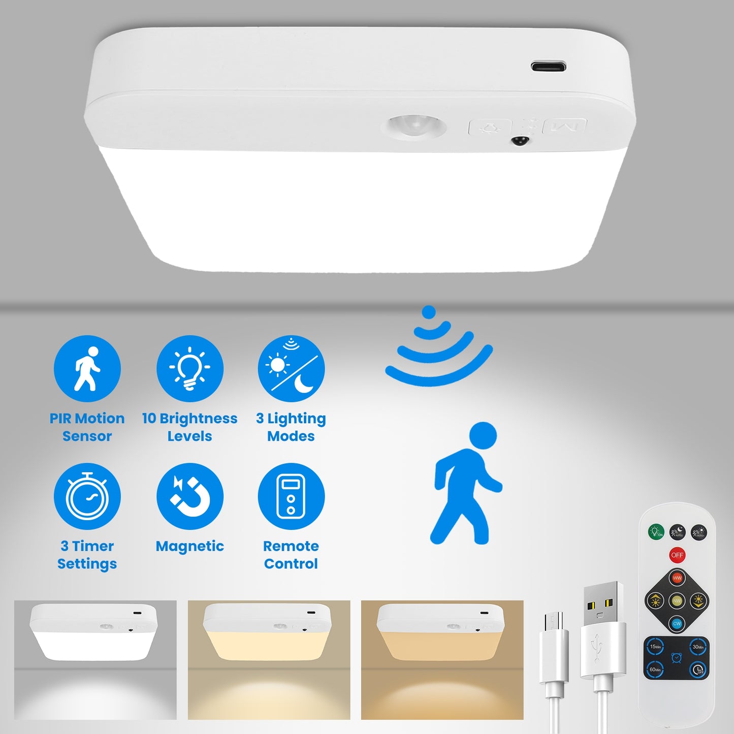 Motion Sensor Ceiling Light with Remote & Rechargeable Battery
