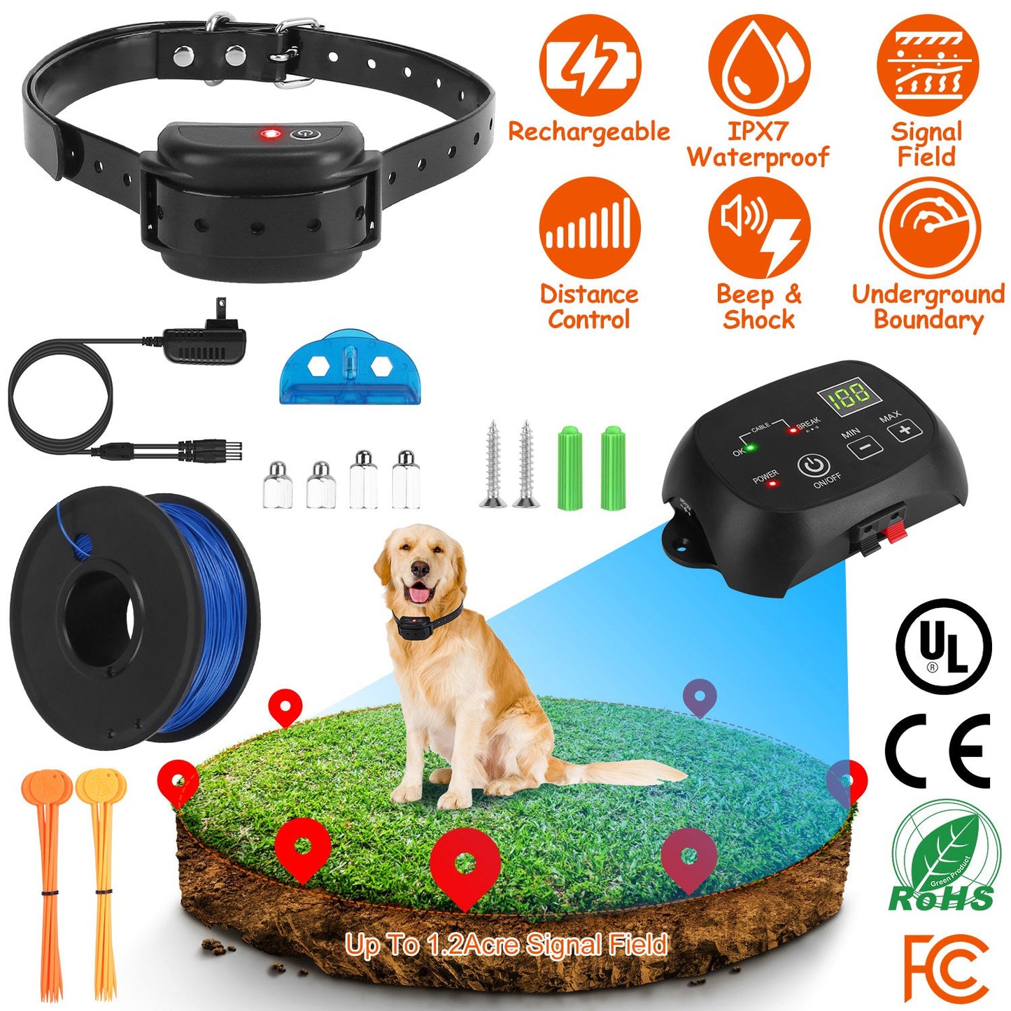 Underground Dog Fence System with Rechargeable Receiver