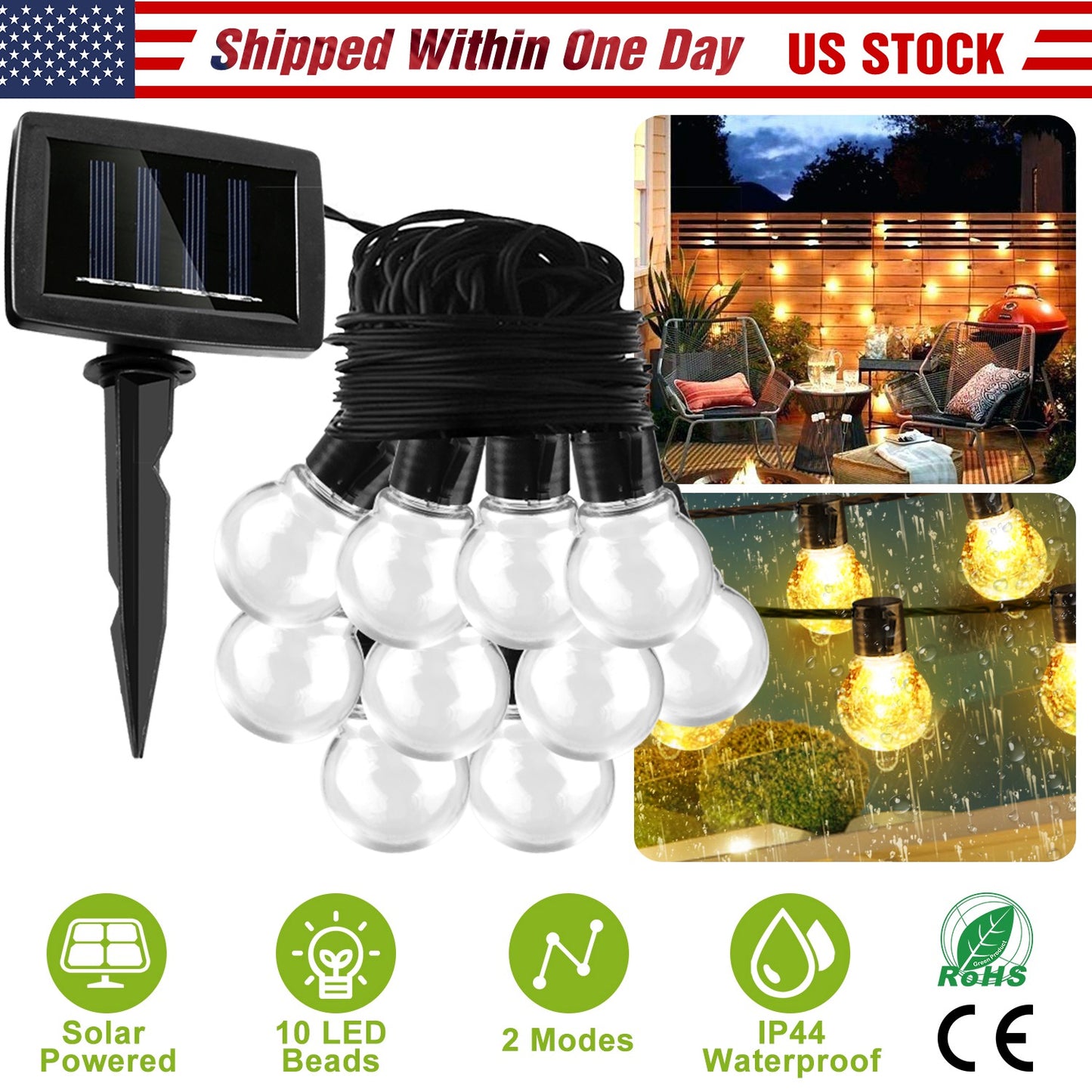Solar String Lights with 10 LED Bulbs for Outdoor Decor