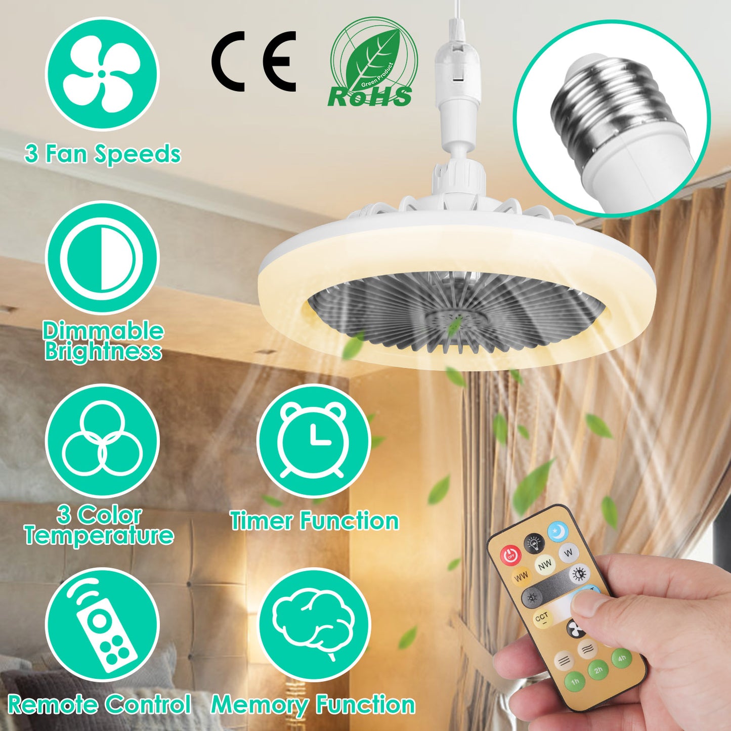 E27 Socket Ceiling Fan with Dimmable LED Light & Remote
