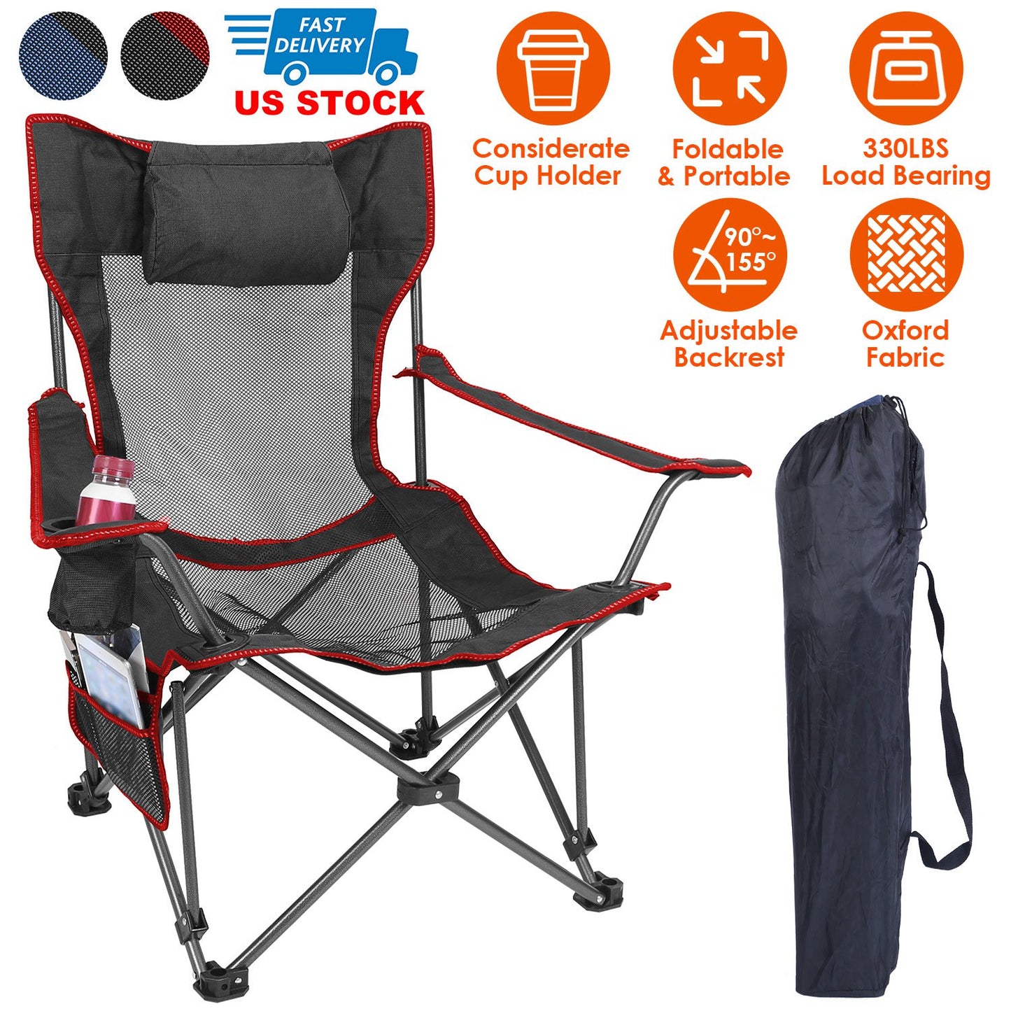Foldable Camping Chair with Reclining Backrest - 330 LBS Capacity