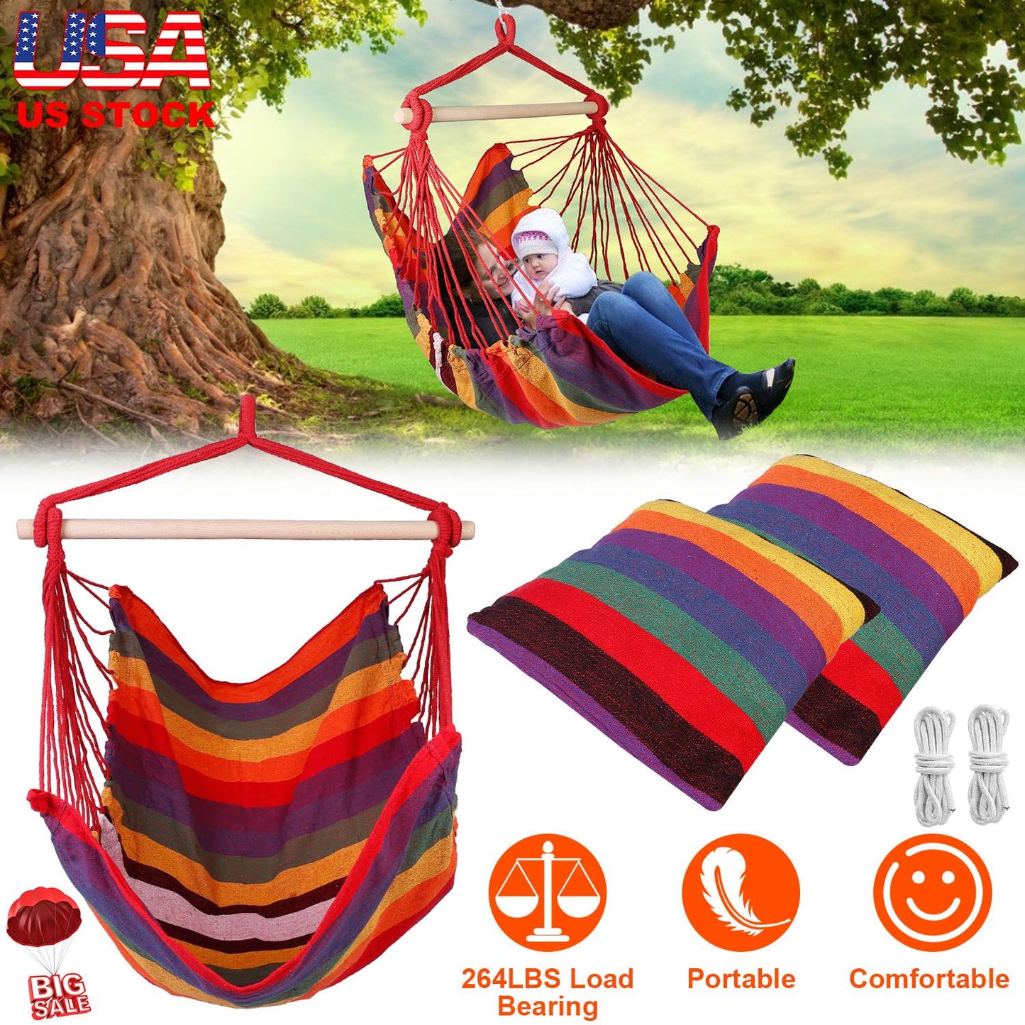 Hanging Hammock Chair with Pillows – 265 lbs Capacity